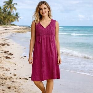 Calypso St. Barth Linen Peasant Dress Womens Medium Fuchsia Pink Boho Tassel